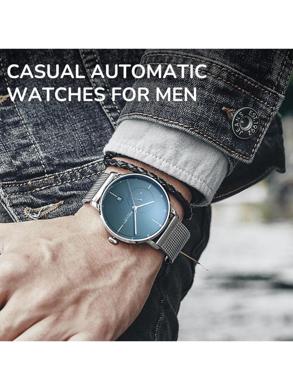 Men's Blue Luxury Minimalist Original Mechanical Movement Automatic Wrist Watch - Picture 2 of 6